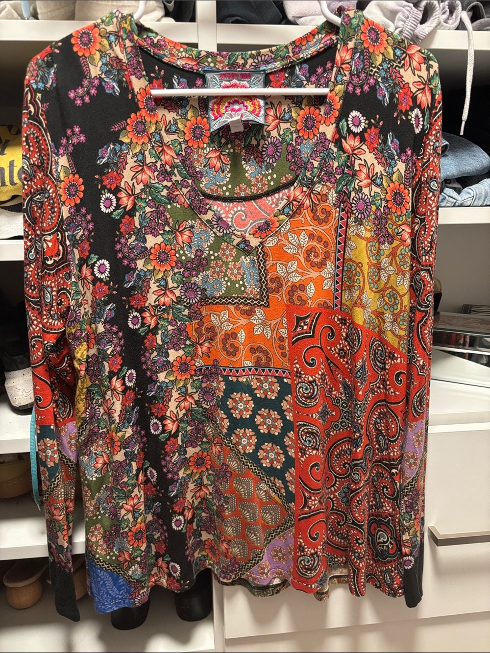 Johnny Was Multicolor Patchwork Floral Paisley Long-Sleeve Top